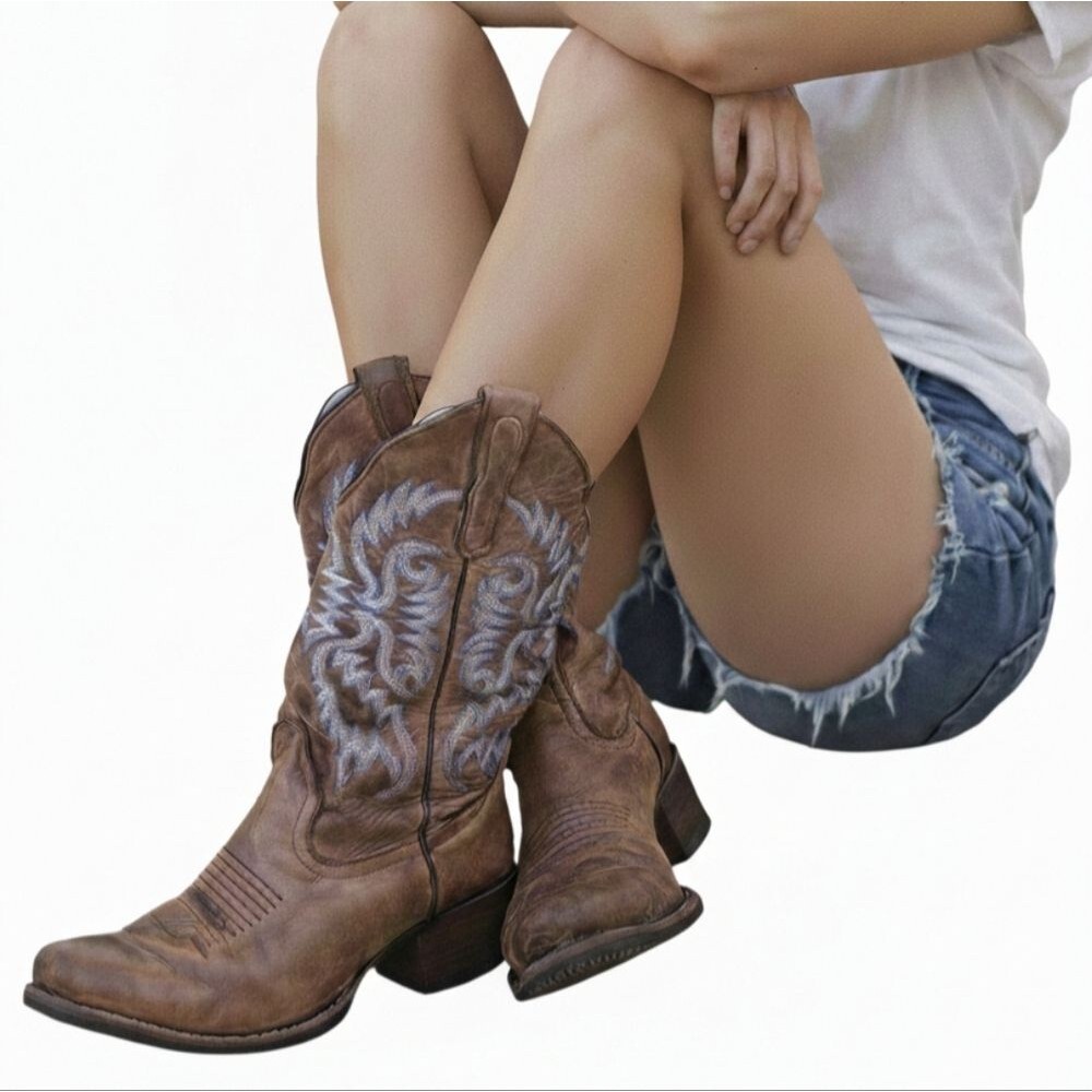 Women's Nocona Blue Bonnet Brown Western Boot 11" shaft Turquoise Stitching 6.5B